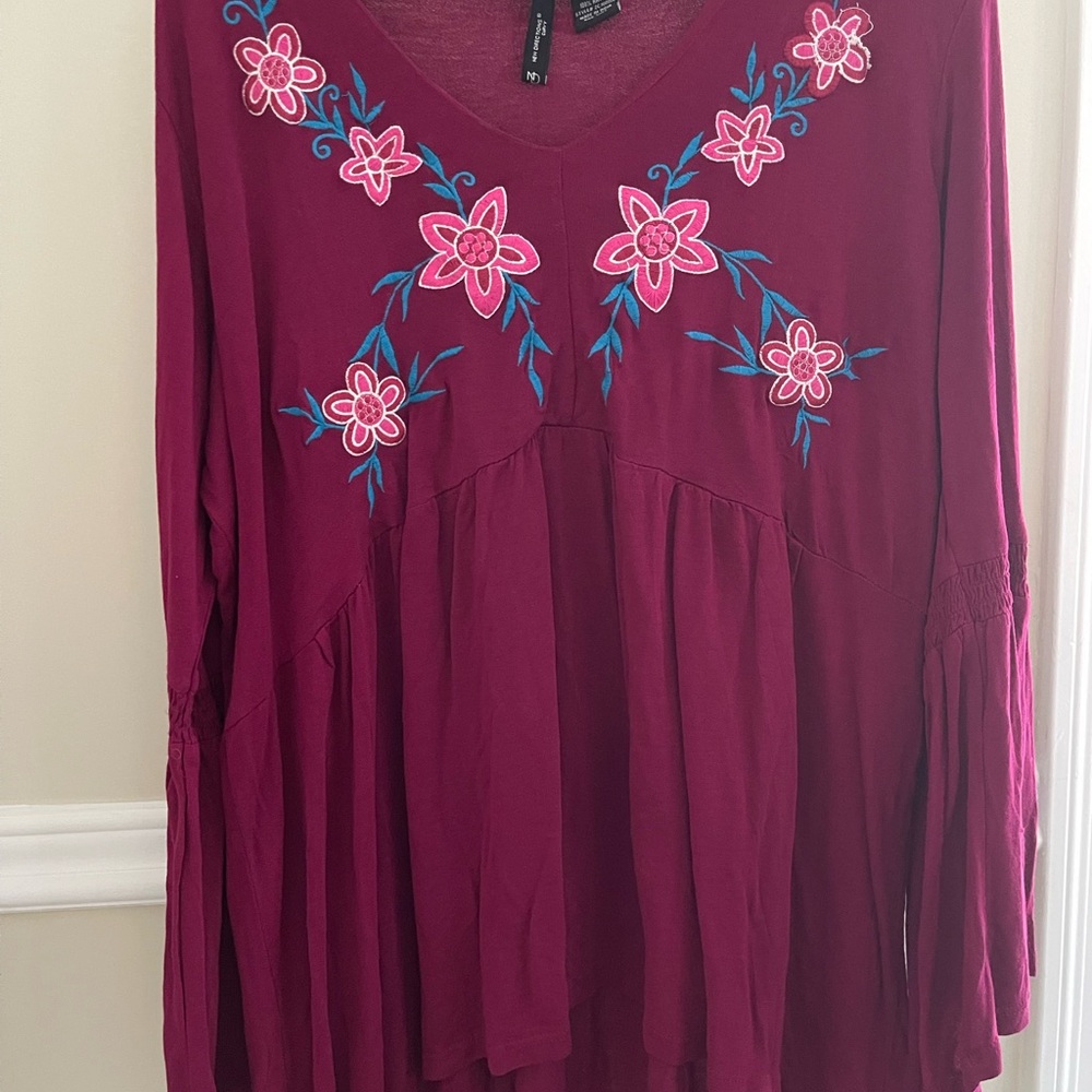 new directions Burgundy Floral Embroidered V-Neck Blouse